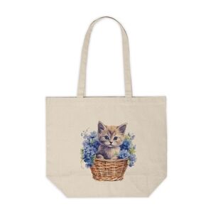 Floral Cat in a Basket Custom Canvas Tote Bag